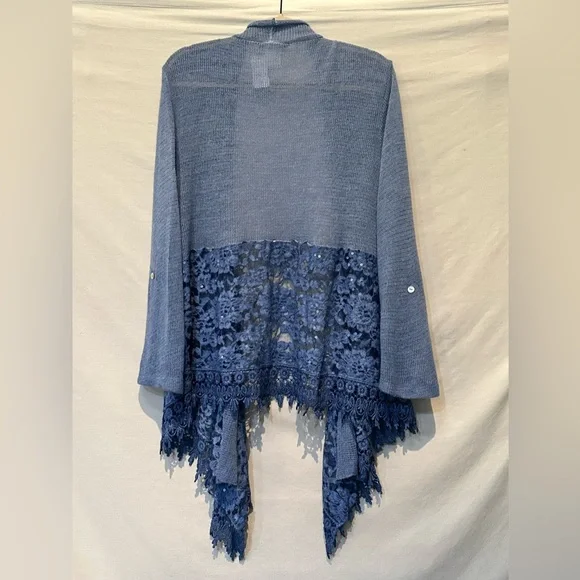 NWT - Gorgeous Indigo Thread Co. Open Front Shawl Collar Lace Border Cardigan - Picture 3 of 5